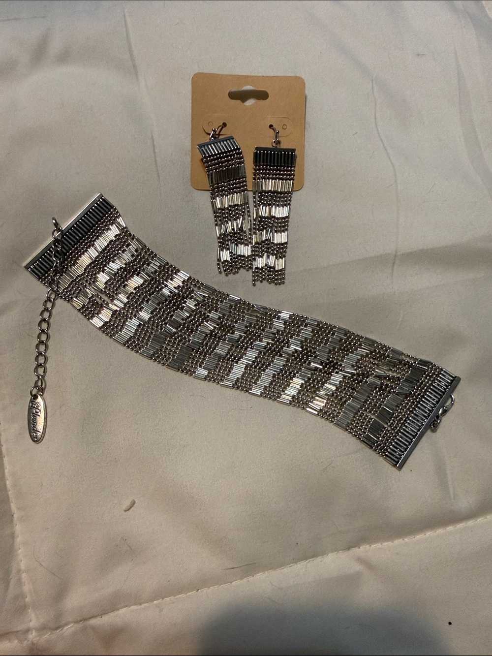 Silver Statement Bracelet with Matching Fringe Earrings